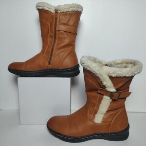 Life Step Women's 8.5 Tan Faux Leather Mid Calf Boots Fur Trim Buckle Womens 8.5